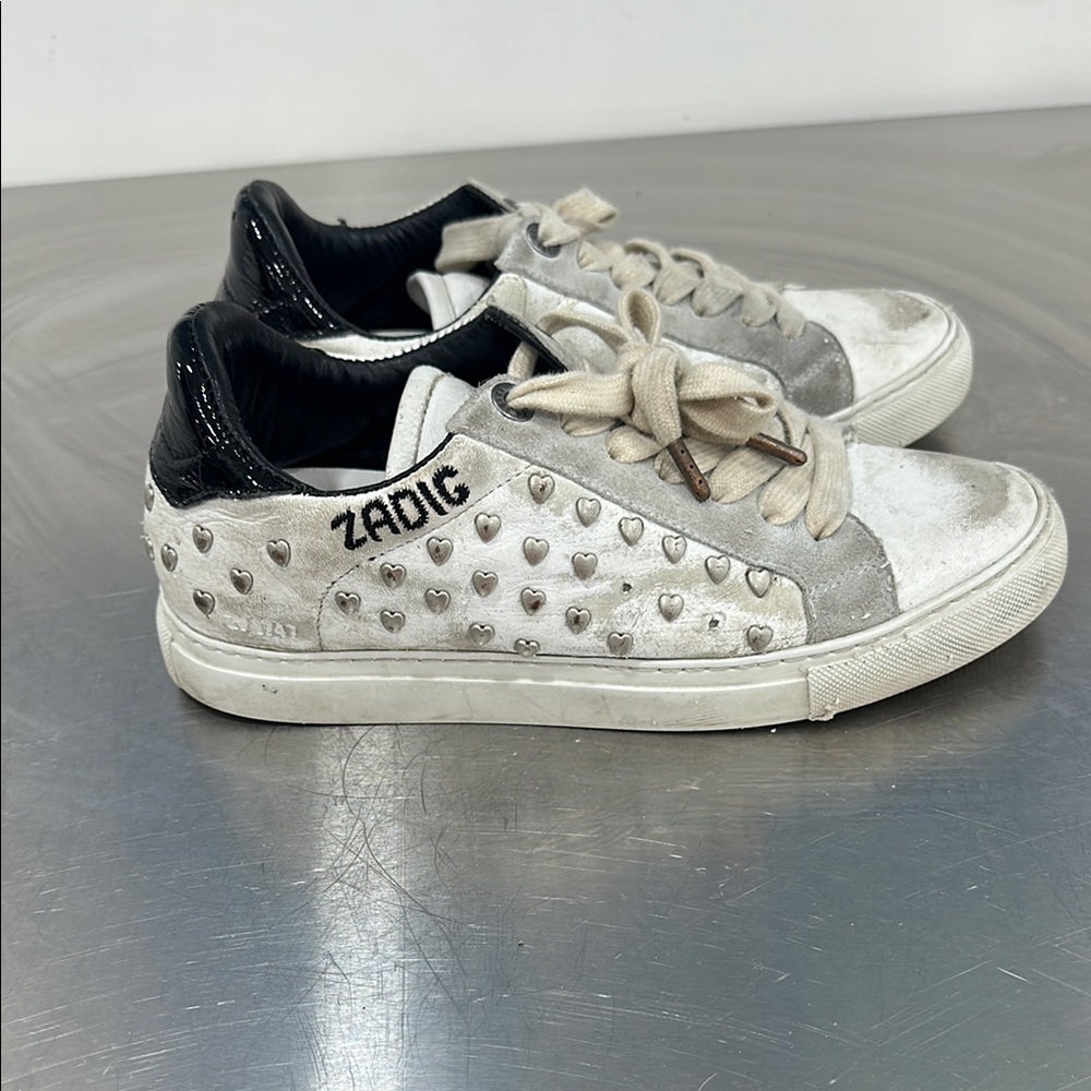 Zadig Voltaire authentic Gray and White Studded distressed heart Sneakers